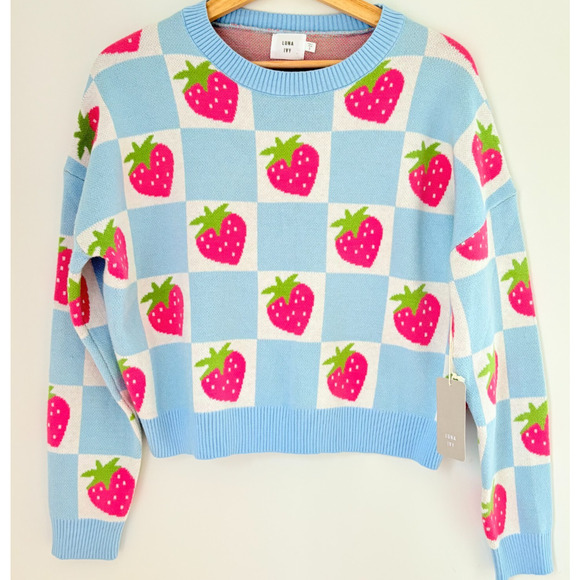 Luna Ivy Strawberry Checkerboard Knit Sweater Blue Pink Y2K Kawaii Pastel S - Picture 1 of 11